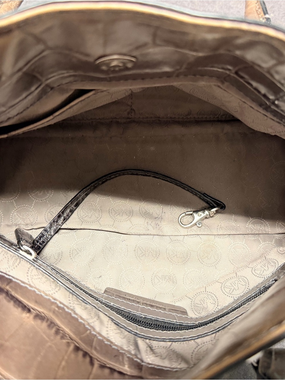 Michael Kors Metallic Croc-Embossed Studded Satchel in Bronze Brown - Picture 4 of 5
